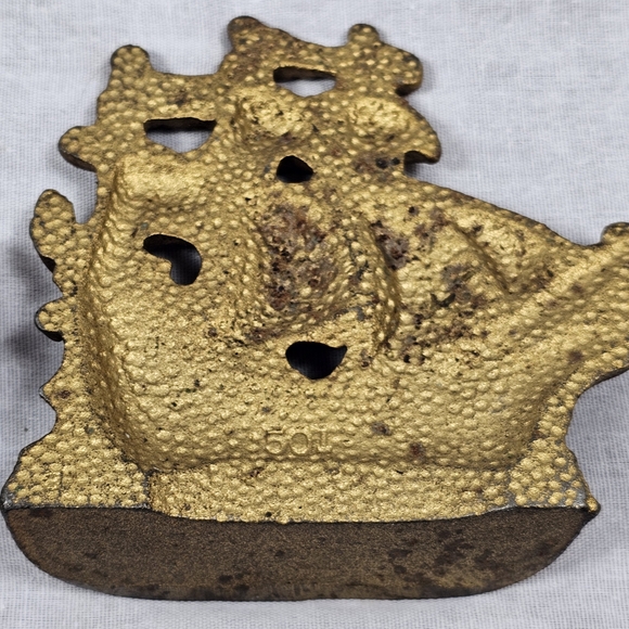 Vintage Brass Ship Nautical Bookend Pair Embossed "501" 4.25"H 4.5"L Metal Decor - Picture 7 of 14